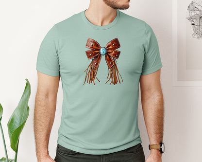 brand:Bella Canvas|color:Dusty Blue|Western Bow Vintage Cowgirl Coquette Graphic T-Shirt