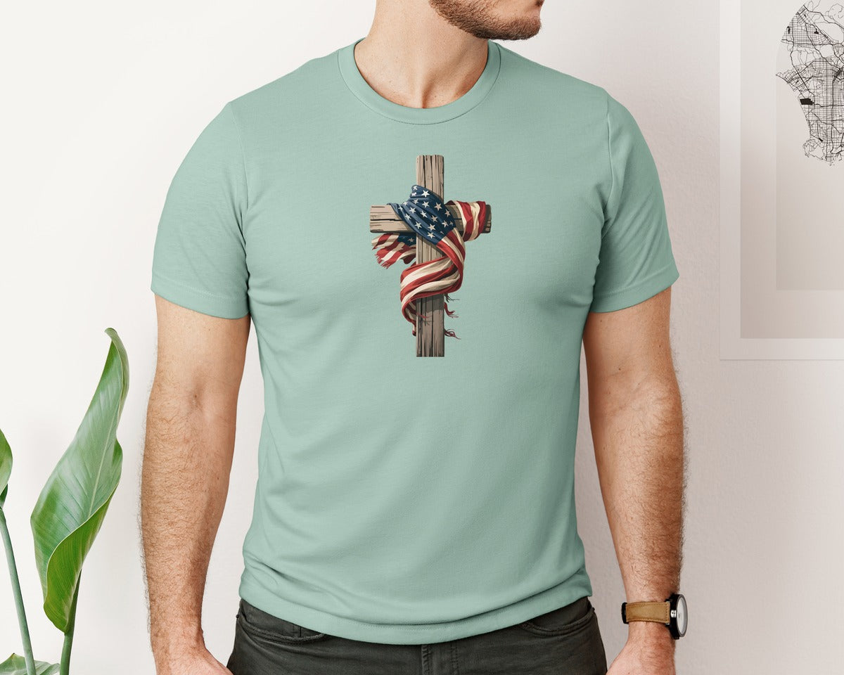 brand:Bella Canvas|color:Dusty Blue|Usa Flag Cross Rustic Patriotic Graphic T-Shirt