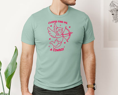 brand:Bella Canvas|color:Dusty Blue|Cupid Find Me A Cowboy Funny Valentine Graphic T-Shirt