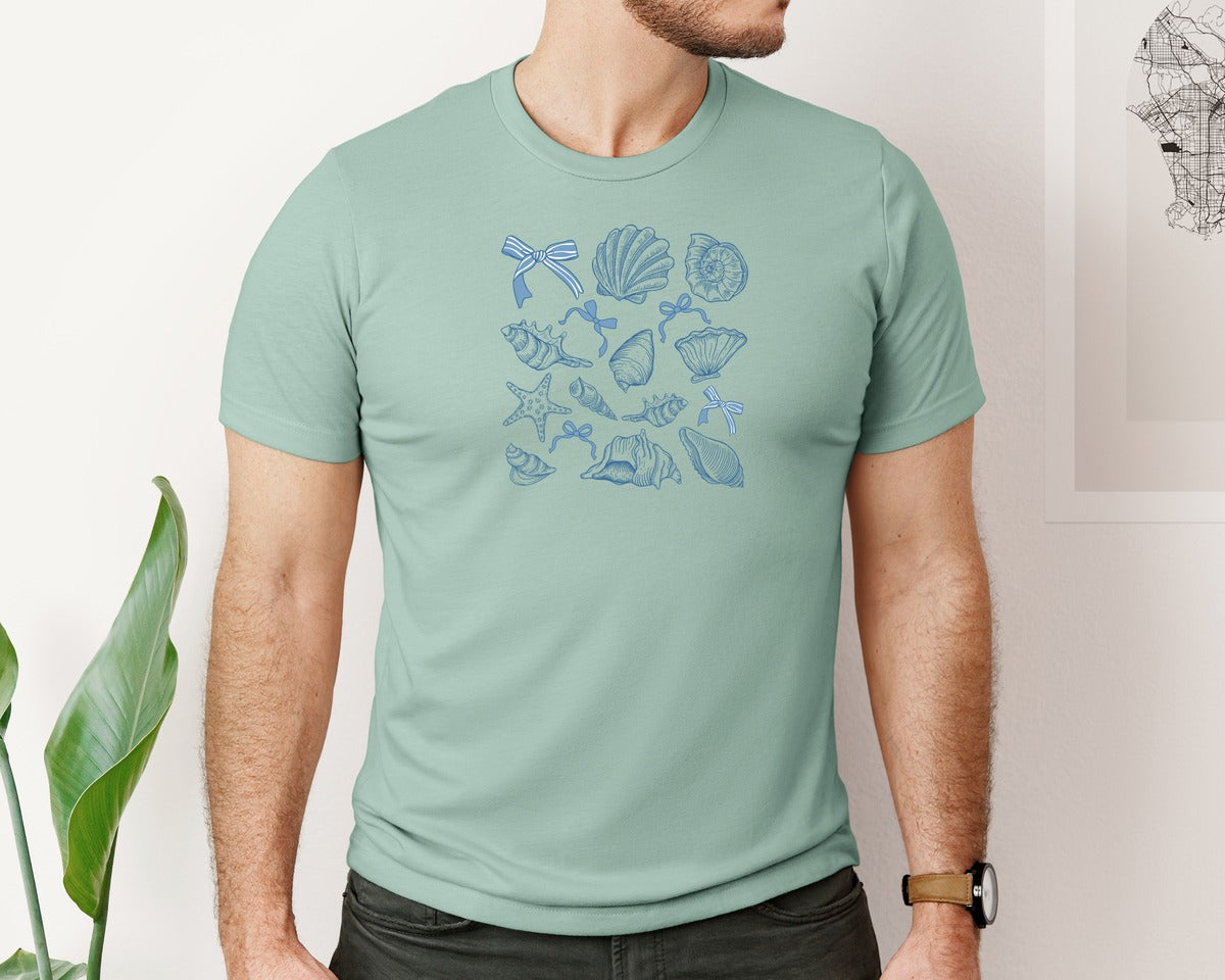 brand:Bella Canvas|color:Dusty Blue|Coquette Seashell Retro Summer Graphic T-Shirt