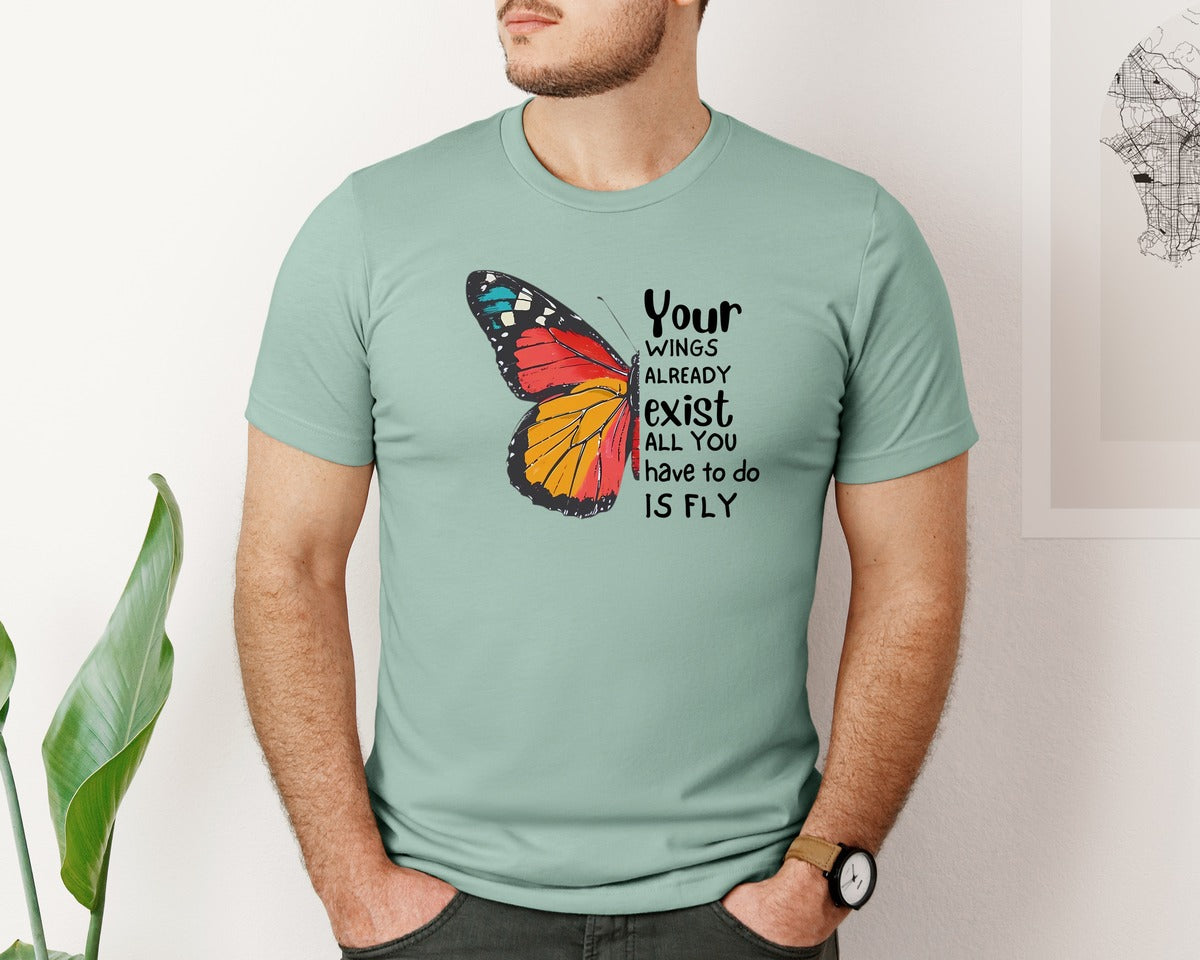 brand:Bella Canvas|color:Dusty Blue|God Scripture Butterfly Graphic T-Shirt