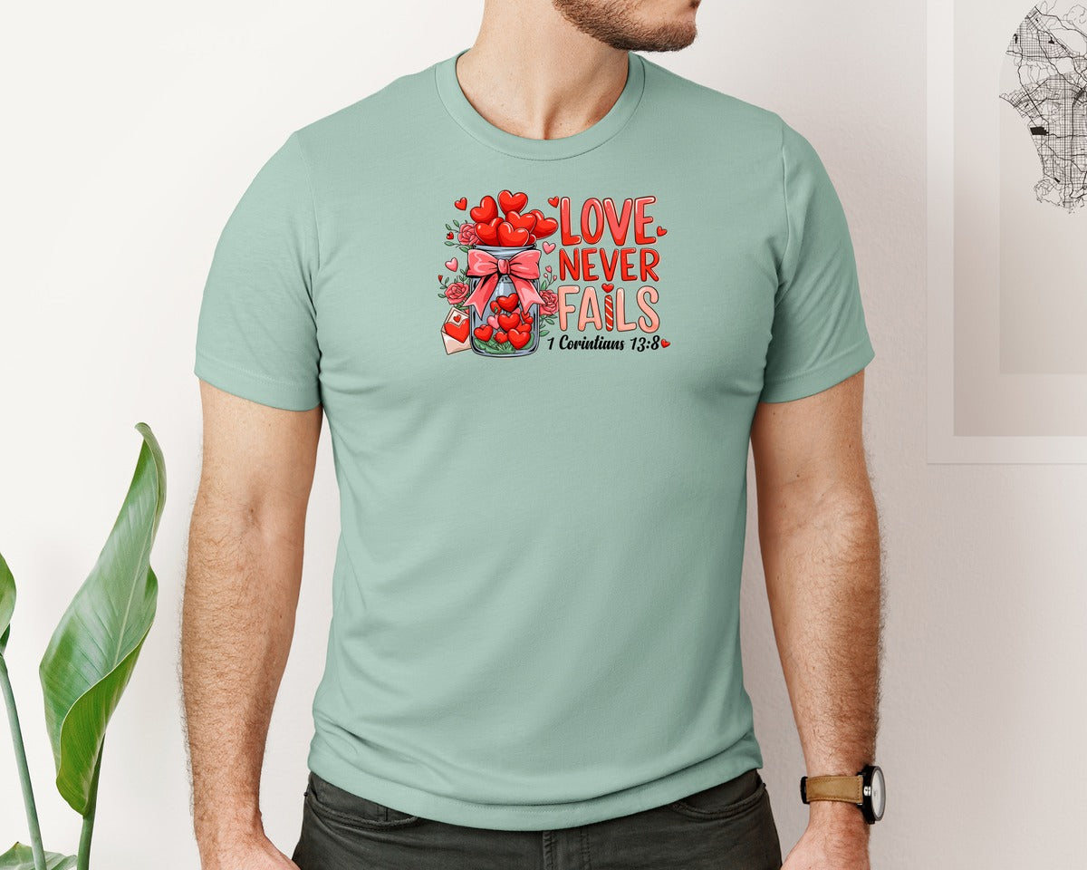brand:Bella Canvas|color:Dusty Blue|Love Never Fails Valentine Graphic T-Shirt