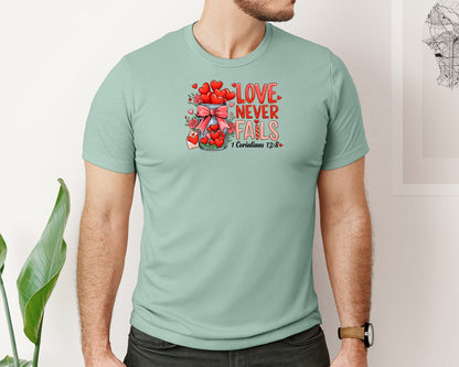 brand:Bella Canvas|color:Dusty Blue|Love Never Fails Valentine Graphic T-Shirt