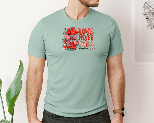 Love Never Fails Valentine Graphic T-Shirt