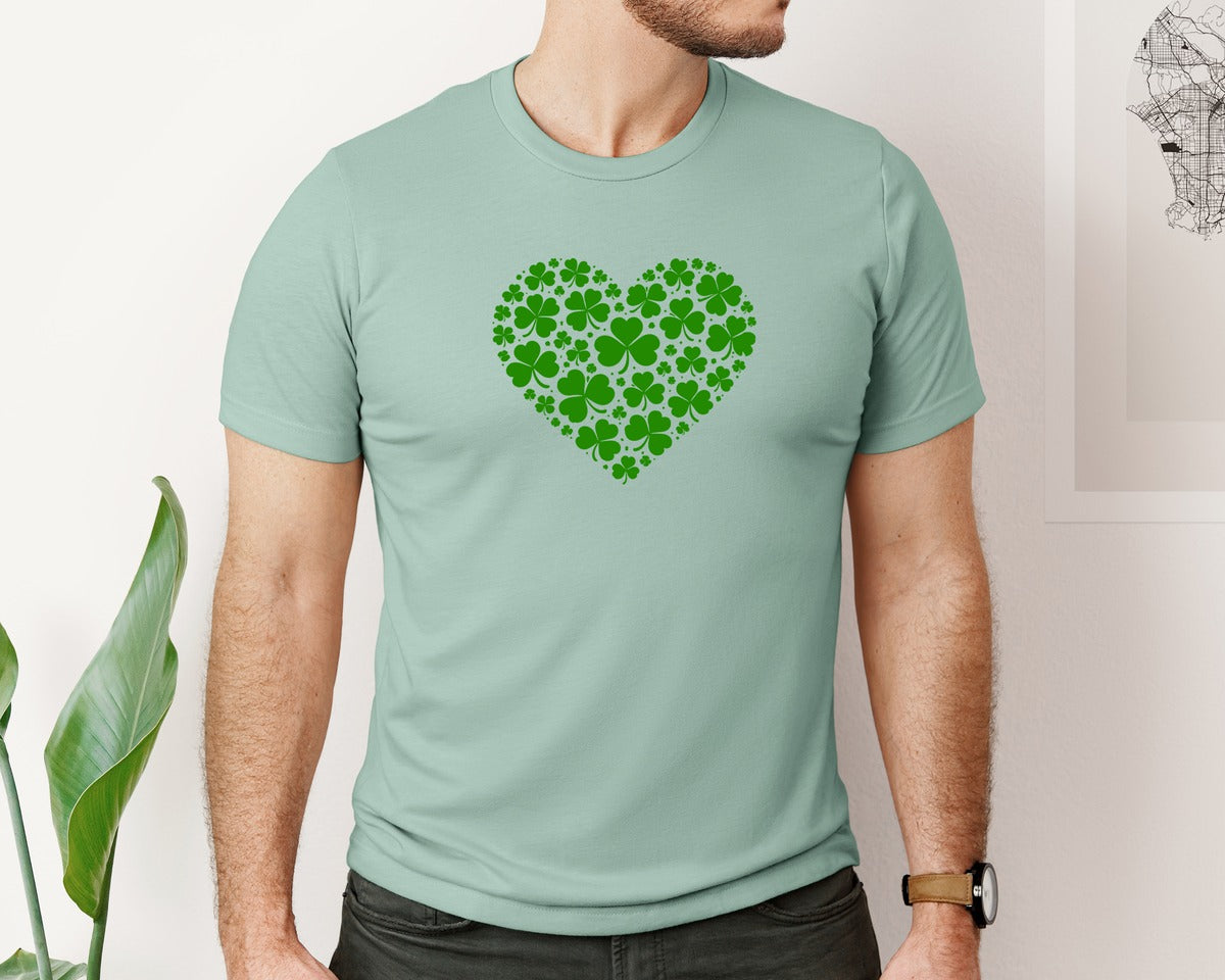 brand:Bella Canvas|color:Dusty Blue|Shamrock Heart Irish Love Graphic T-Shirt