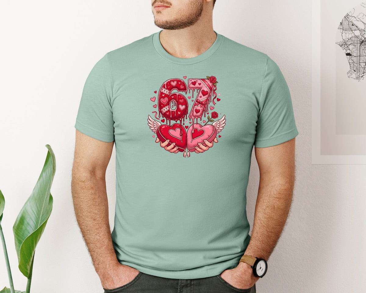 brand:Bella Canvas|color:Dusty Blue|Six Seven Valentine Love Hearts 67 Graphic T-Shirt