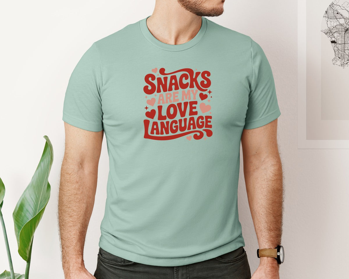 brand:Bella Canvas|color:Dusty Blue|Love Speaks In Snacks Graphic T-Shirt