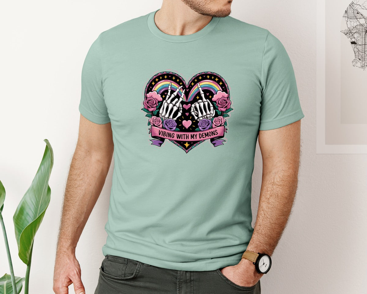 brand:Bella Canvas|color:Dusty Blue|Goth Rainbow Heart Skeleton Hands Graphic T-Shirt