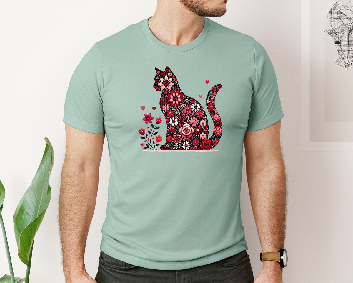 brand:Bella Canvas|color:Dusty Blue|Floral Cat Valentine Cute Cat Love Graphic T-Shirt