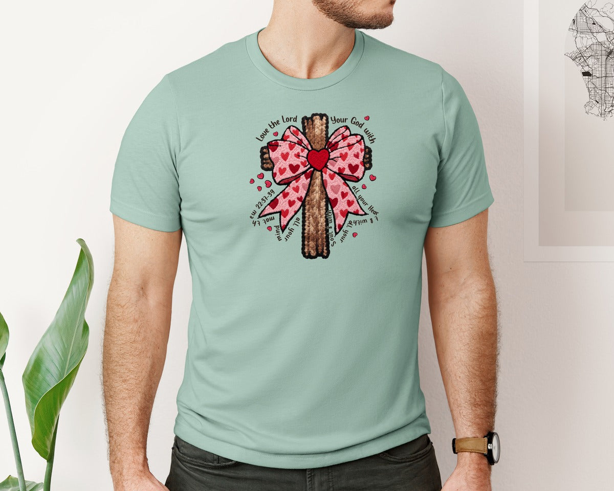 brand:Bella Canvas|color:Dusty Blue|Valentine Jesus Latch Hook Faux Yard Graphic T-Shirt