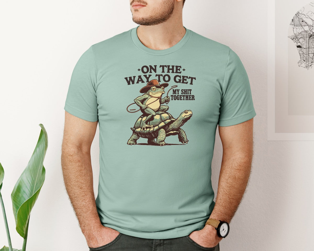 brand:Bella Canvas|color:Dusty Blue|Cowboy Frog Turtle Ride Humor Graphic T-Shirt