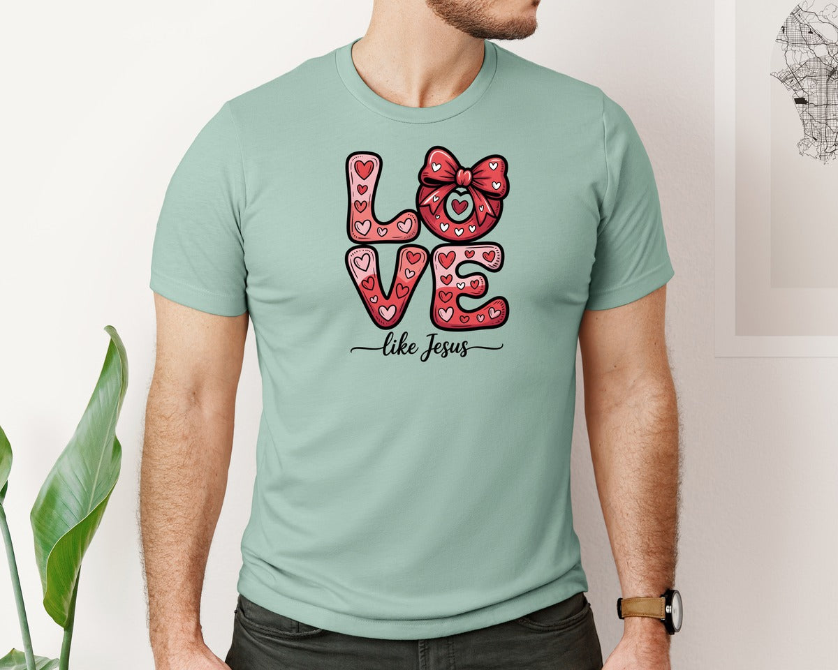 brand:Bella Canvas|color:Dusty Blue|Love Like Jesus Coquette Valentine 11 Graphic T-Shirt