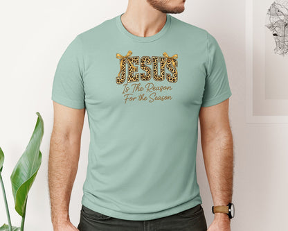 brand:Bella Canvas|color:Dusty Blue|Jesus Is The Reason Leopard Graphic T-Shirt