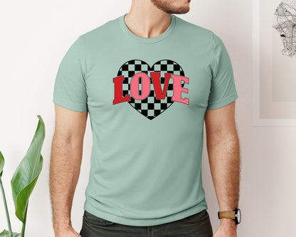 brand:Bella Canvas|color:Dusty Blue|Checkered Heart Love Valentines Day Graphic T-Shirt