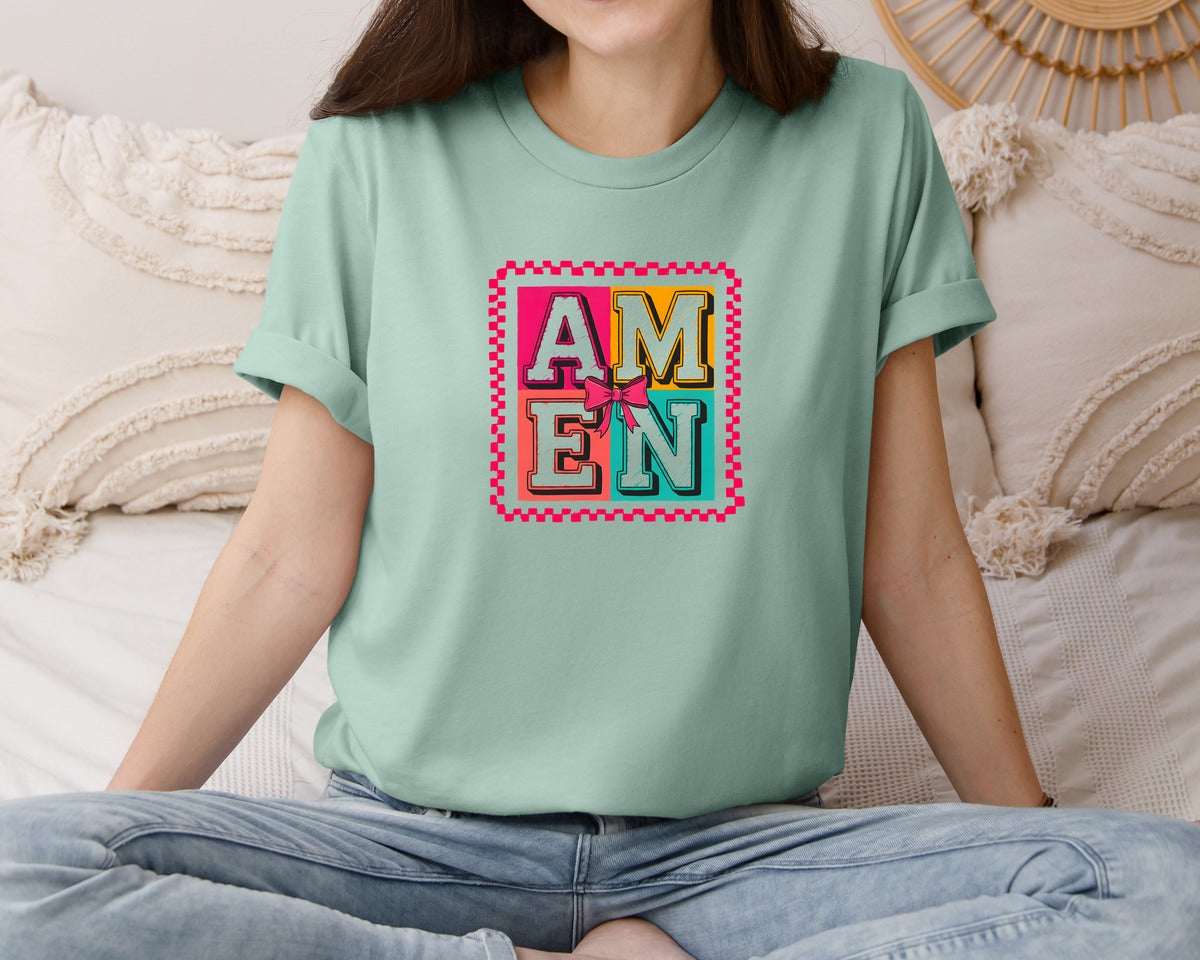 brand:Bella Canvas|color:Dusty Blue|Amen Coquette Bow Graphic T-Shirt