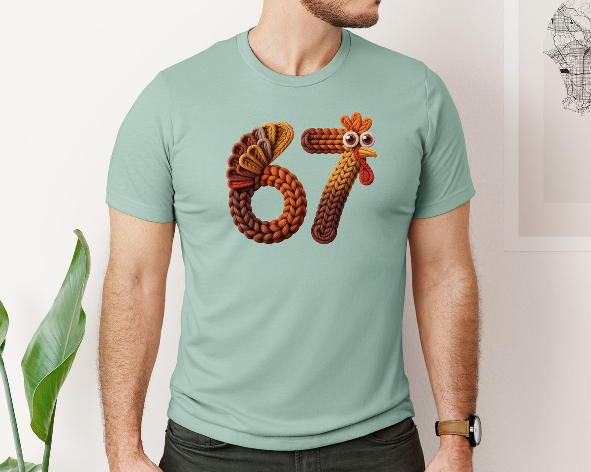 brand:Bella Canvas|color:Dusty Blue|Turkey 67 6 7 Thanksgiving Knit Graphic T-Shirt
