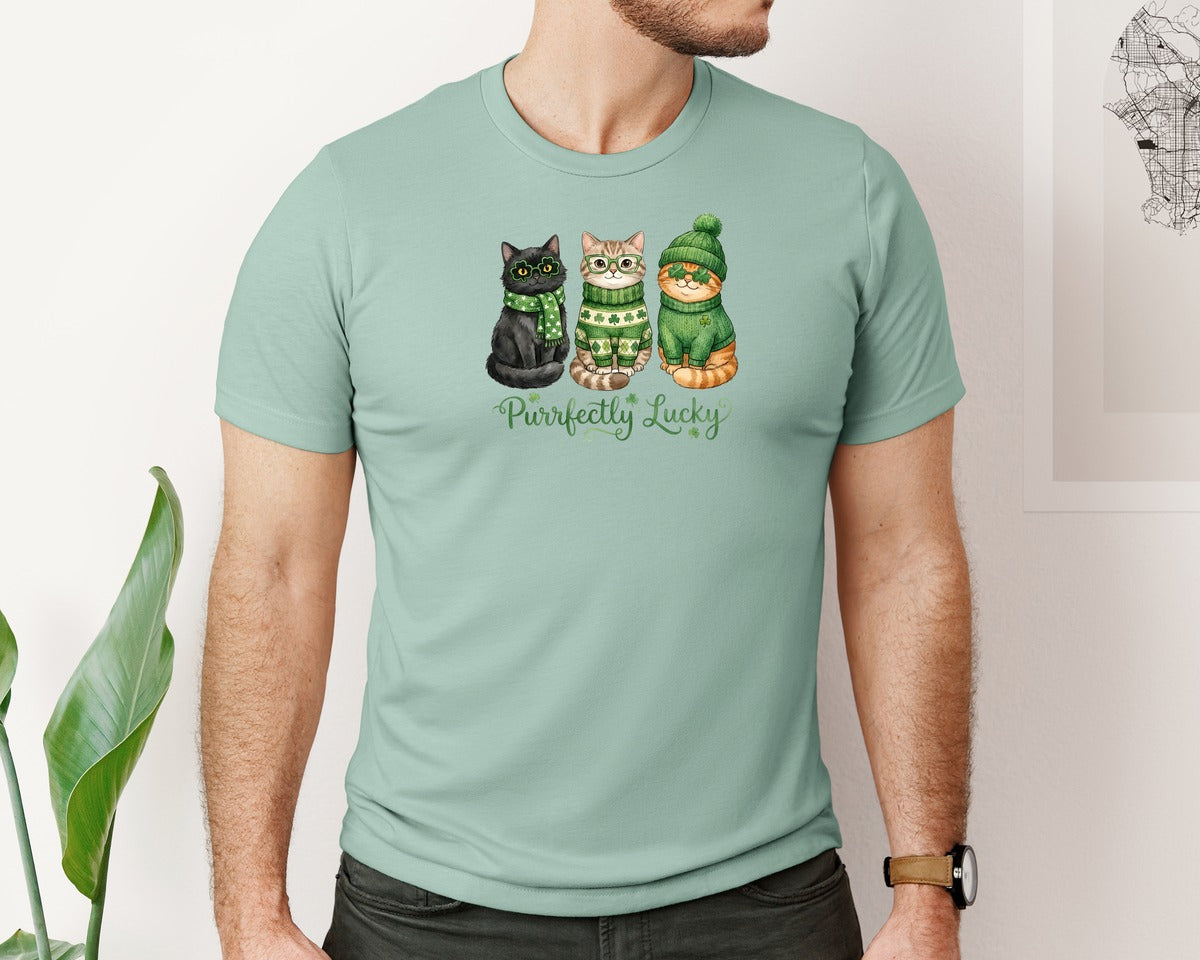brand:Bella Canvas|color:Dusty Blue|Purrfectly Lucky Cats Design Graphic T-Shirt