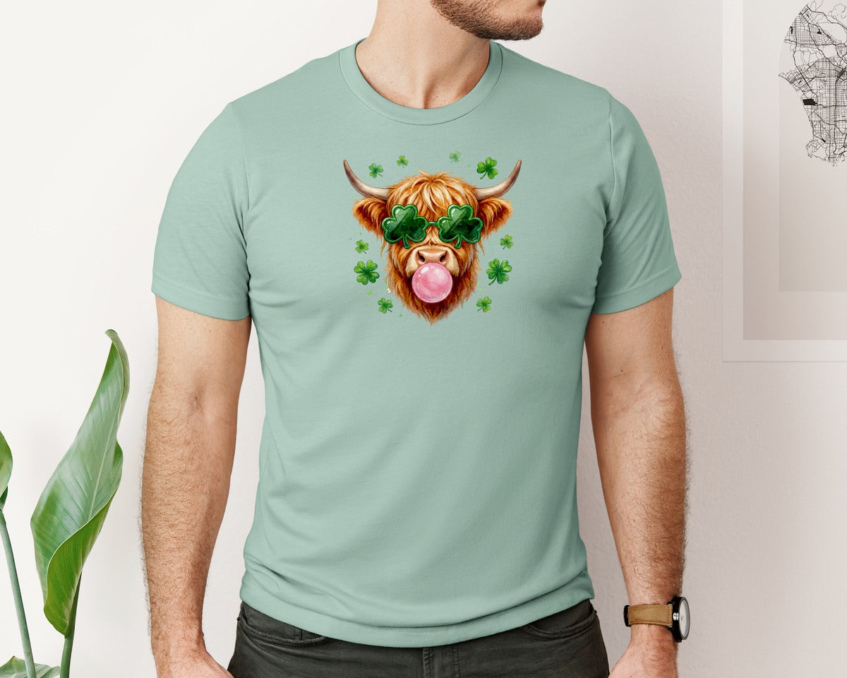 brand:Bella Canvas|color:Dusty Blue|Watercolor Highland Cow St Patricks Graphic T-Shirt