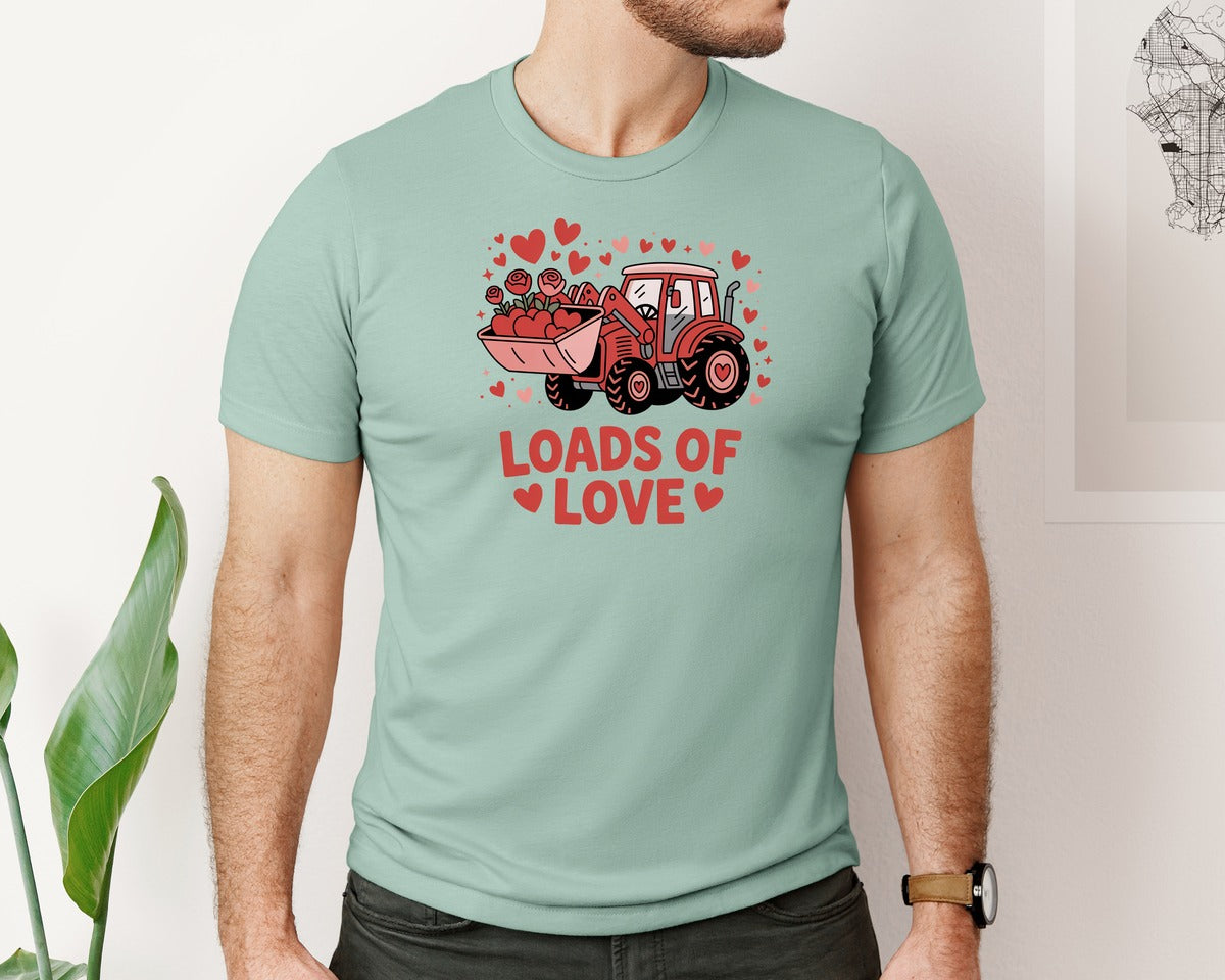 brand:Bella Canvas|color:Dusty Blue|Loads Of Love Valentine Tractor 2 Graphic T-Shirt