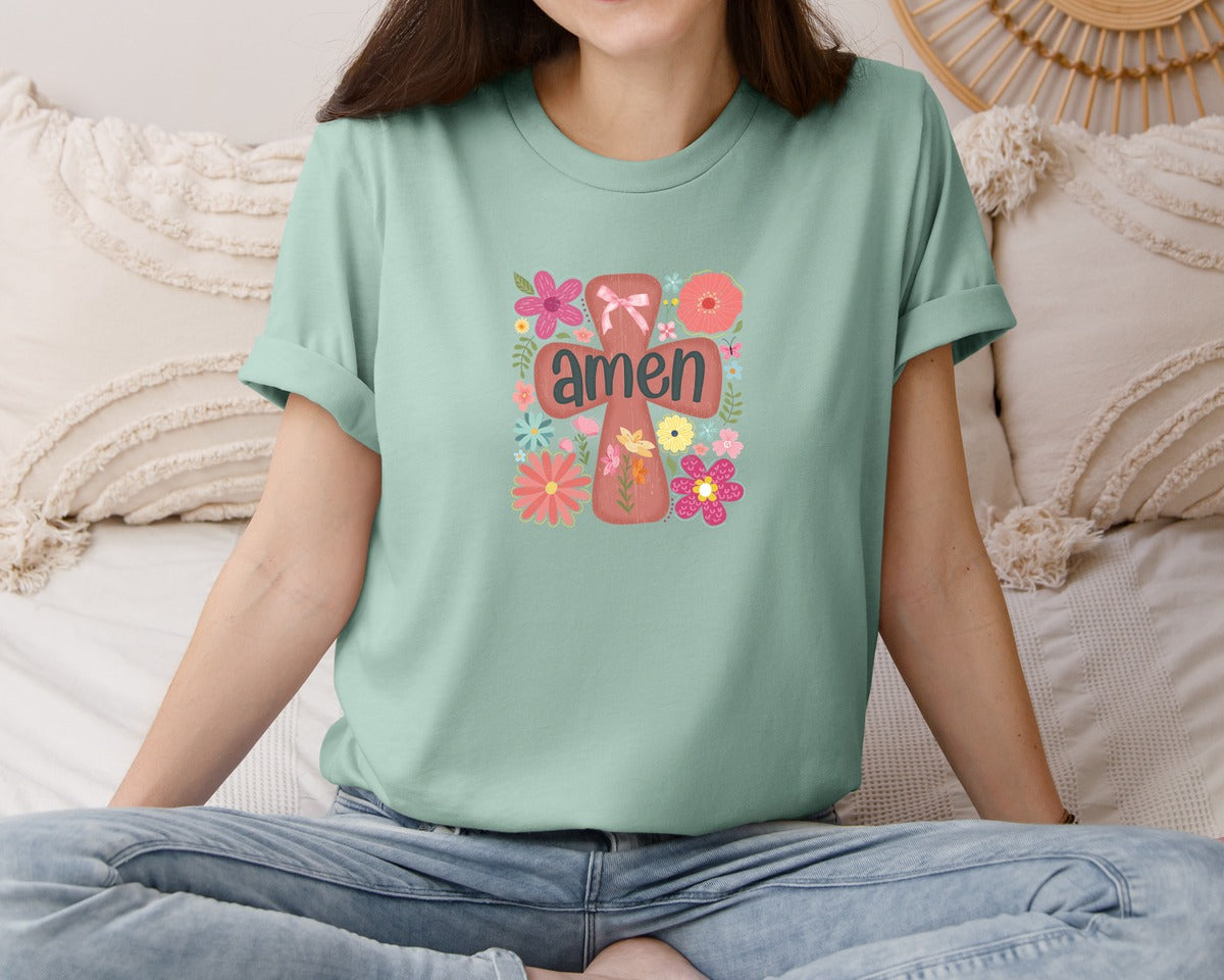 brand:Bella Canvas|color:Dusty Blue|Boho Floral Amen Christian Graphic T-Shirt