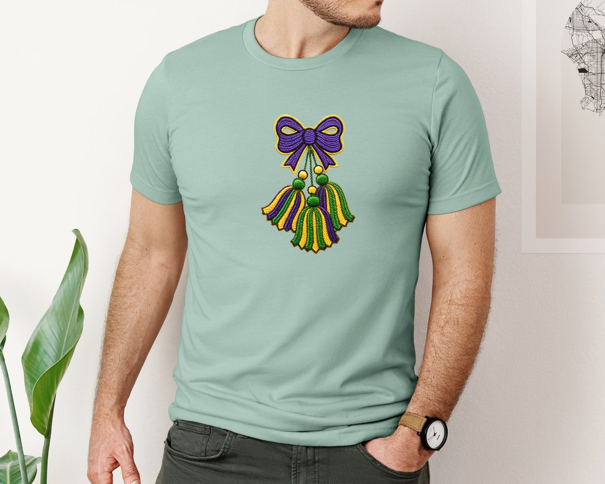 brand:Bella Canvas|color:Dusty Blue|Coquette Tassel Mardi Gras Graphic T-Shirt