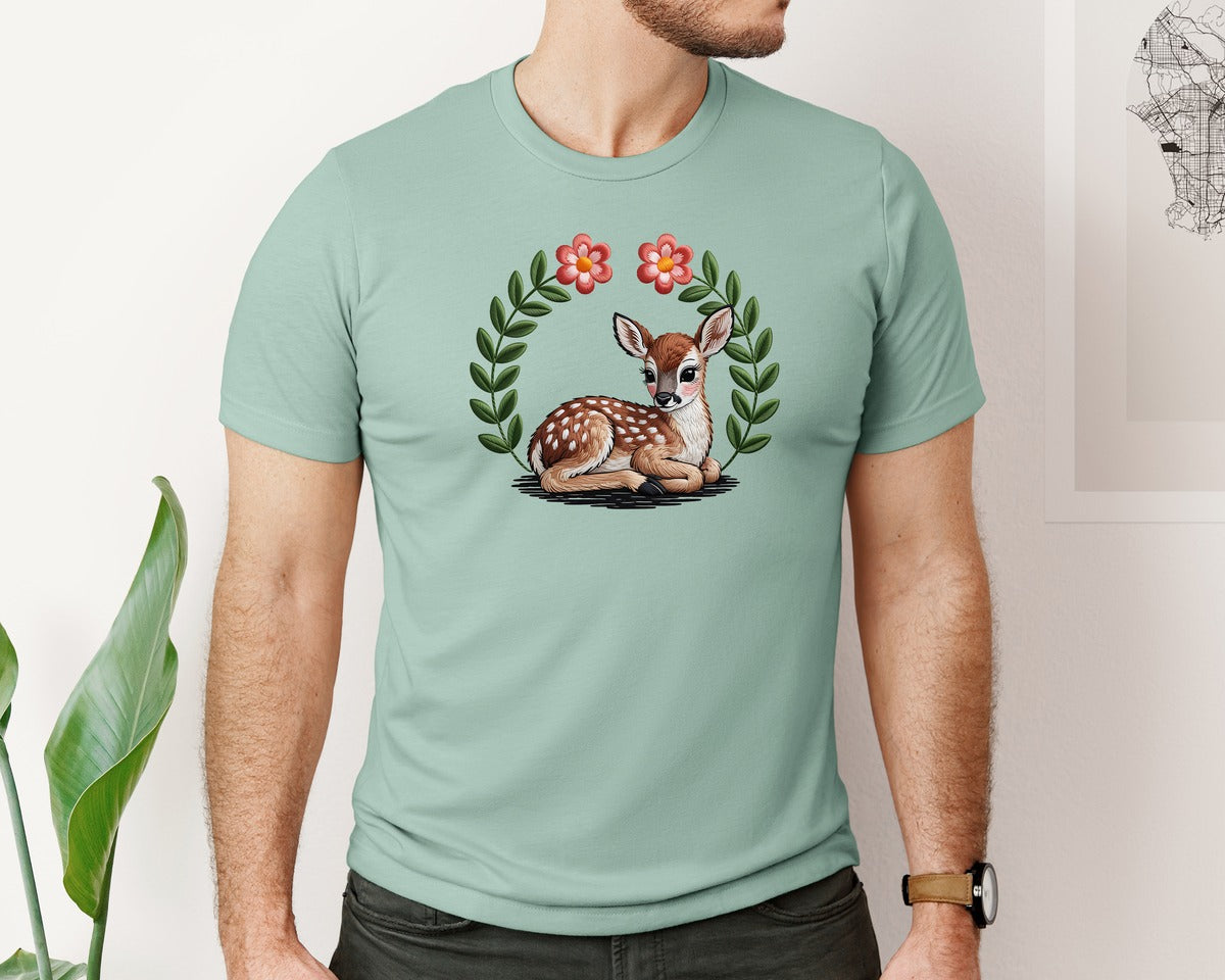 brand:Bella Canvas|color:Dusty Blue|Cute Baby Deer Embroidery Graphic T-Shirt