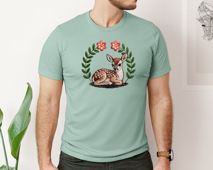 brand:Bella Canvas|color:Dusty Blue|Cute Baby Deer Embroidery Graphic T-Shirt