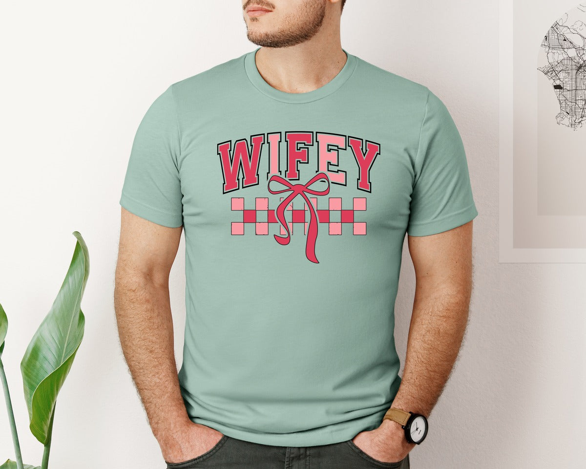 brand:Bella Canvas|color:Dusty Blue|Wifey Retro Bow Checker Valentine Graphic T-Shirt