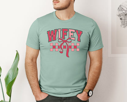 brand:Bella Canvas|color:Dusty Blue|Wifey Retro Bow Checker Valentine Graphic T-Shirt