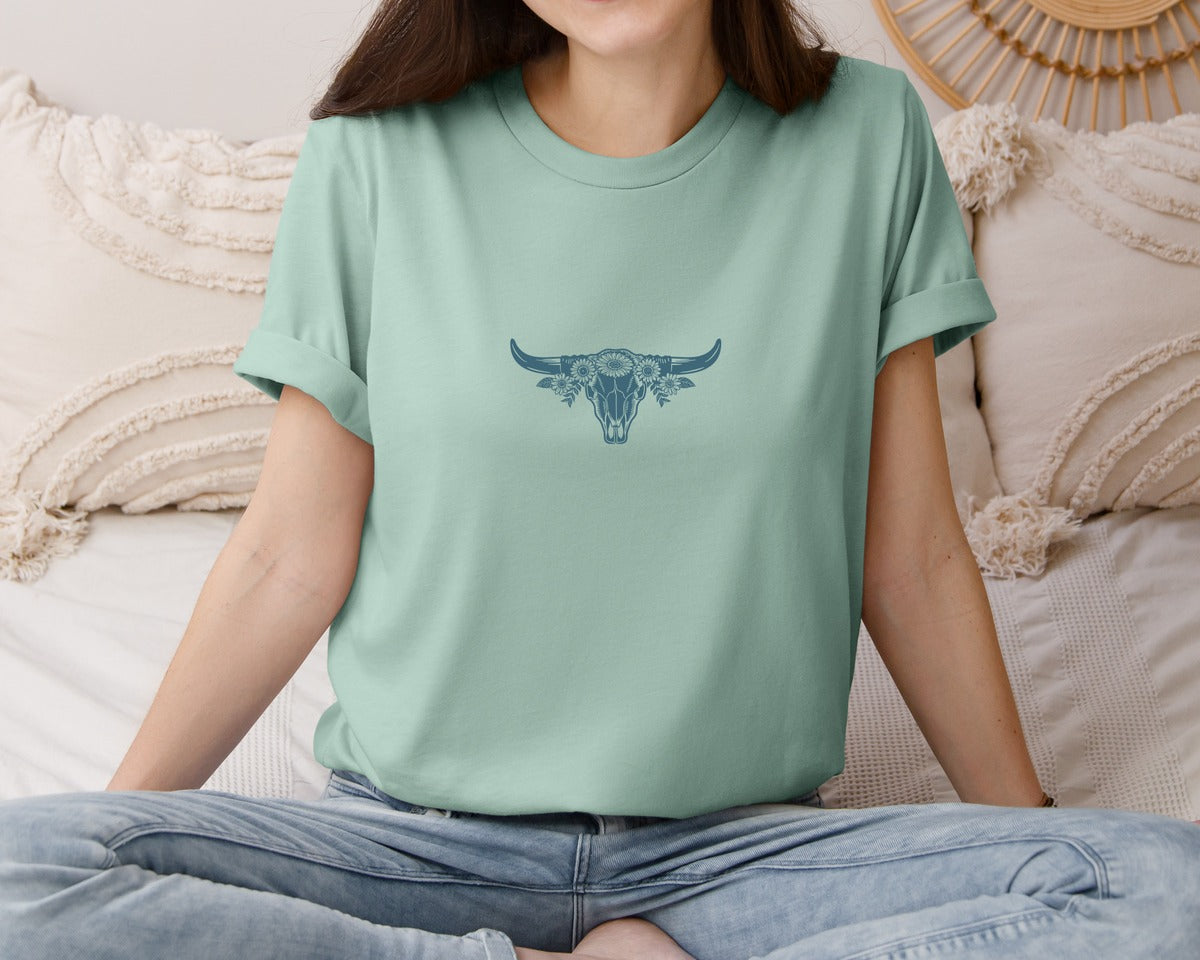 brand:Bella Canvas|color:Dusty Blue|Western Bull Skull Longhorn Boho Flowers 4 Graphic T-Shirt