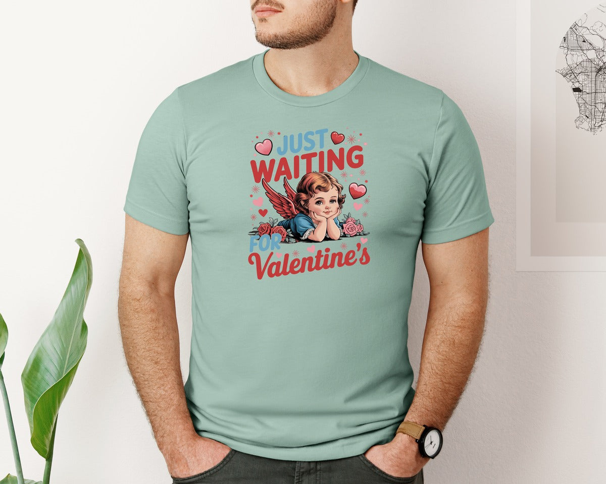 brand:Bella Canvas|color:Dusty Blue|Just Waiting For Valentines 7 Graphic T-Shirt