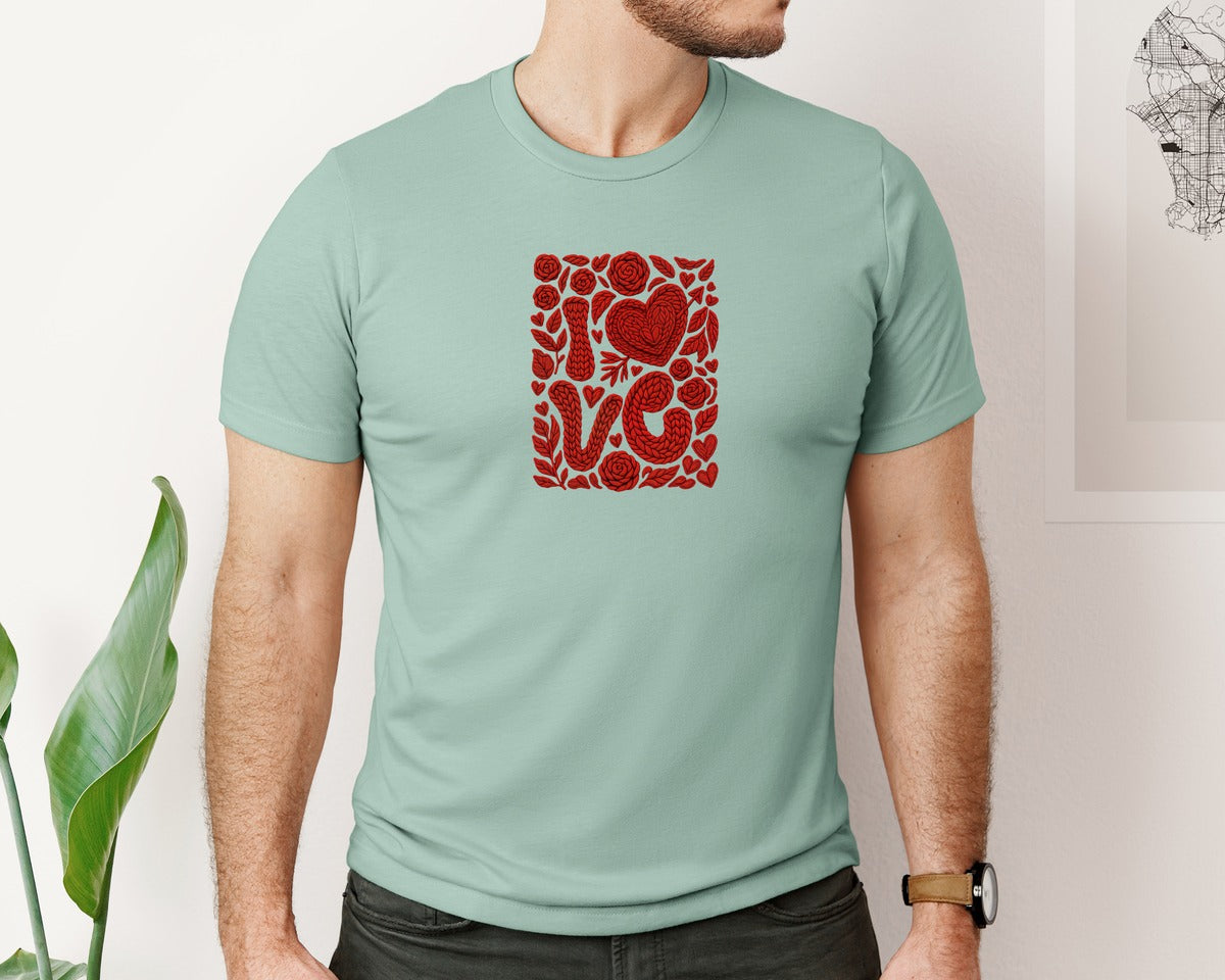 brand:Bella Canvas|color:Dusty Blue|Faux Crochet Valentines Love Floral Graphic T-Shirt