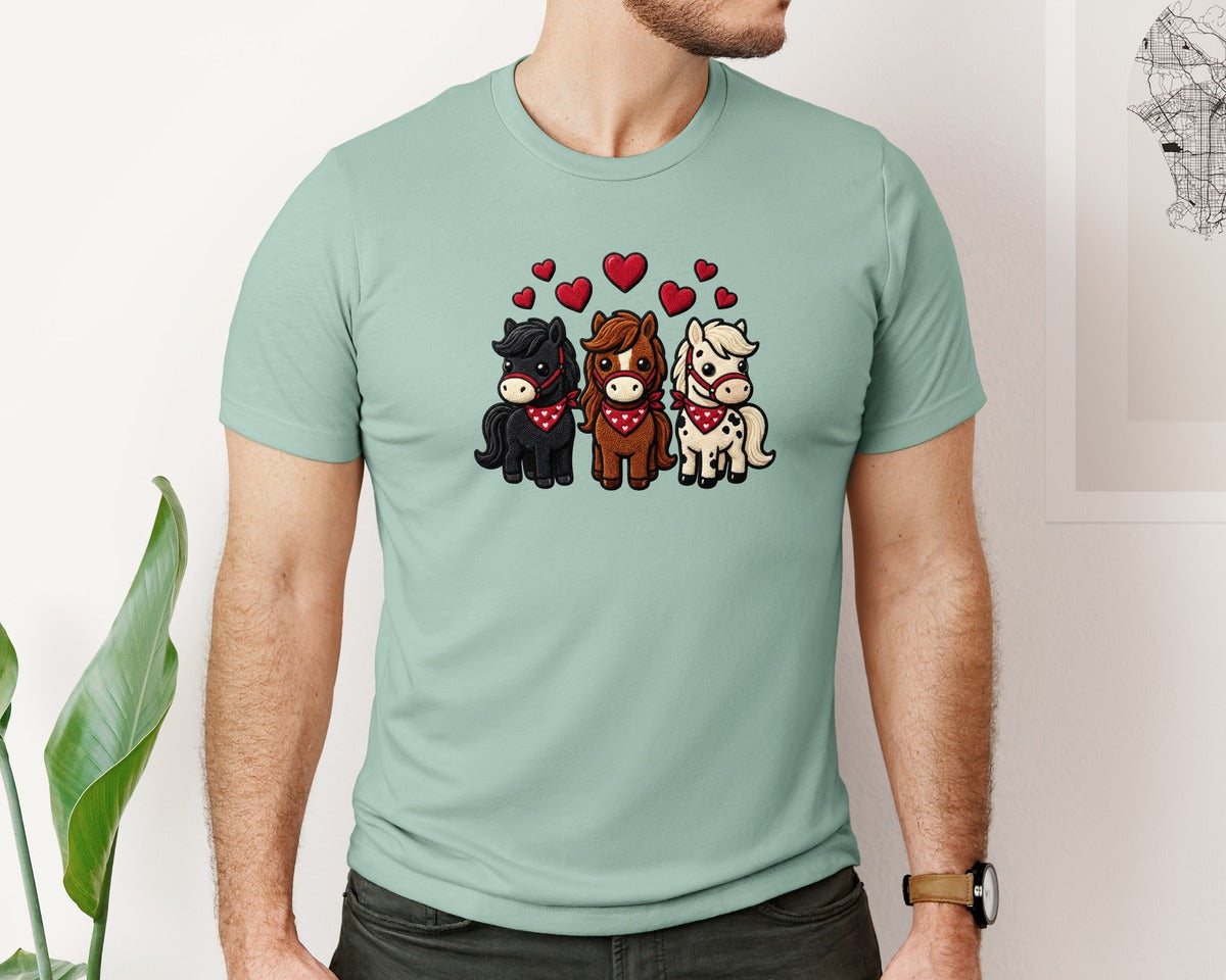 brand:Bella Canvas|color:Dusty Blue|Yarn Crochet Valentine Horse Graphic T-Shirt