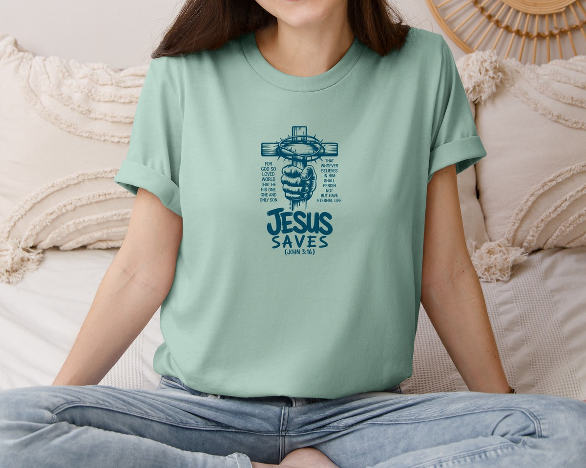 brand:Bella Canvas|color:Dusty Blue|Jesus Saves John 316 Bible Verse Graphic T-Shirt