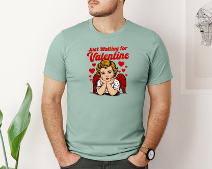 brand:Bella Canvas|color:Dusty Blue|Just Waiting For Valentine Cupid 2 Graphic T-Shirt
