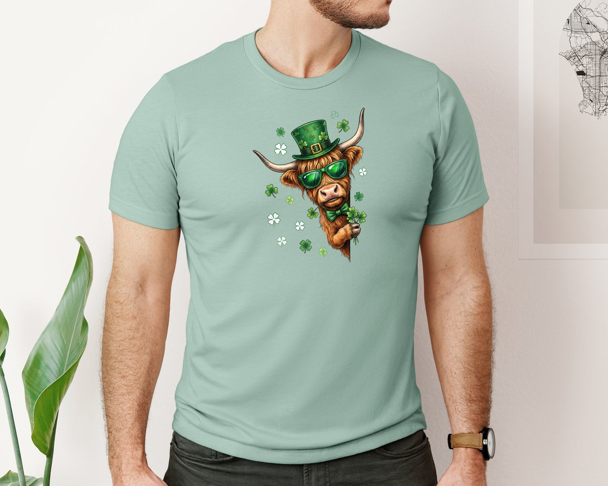 brand:Bella Canvas|color:Dusty Blue|Funny Highland Cow St Patricks Day Graphic T-Shirt