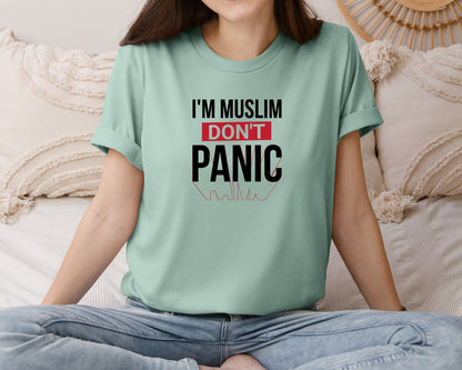 brand:Bella Canvas|color:Dusty Blue|Im Muslim Dont Panic Muslim Quote Is Graphic T-Shirt