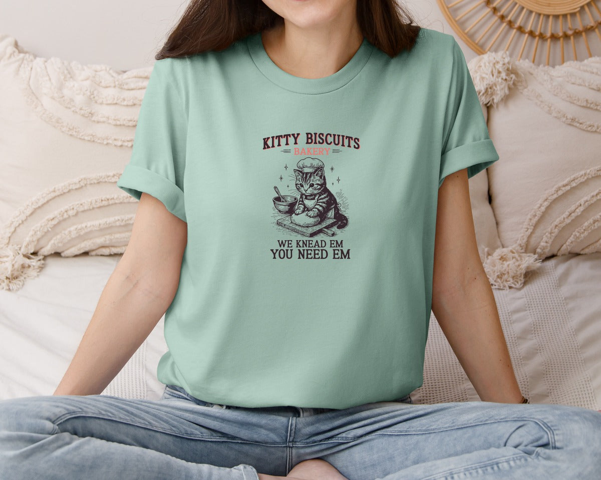 brand:Bella Canvas|color:Dusty Blue|Kitty Biscuits Cat Kneading Baking Cat Graphic T-Shirt