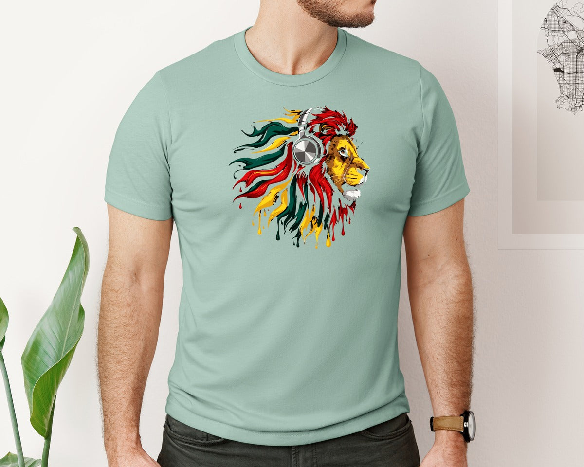 brand:Bella Canvas|color:Dusty Blue|Rasta Lion With Headphones Reggae M Graphic T-Shirt