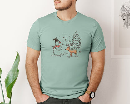 brand:Bella Canvas|color:Dusty Blue|Christmas Winter Scene Xmas Tree Deer Graphic T-Shirt