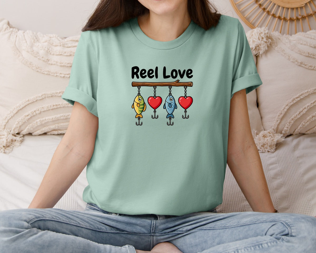 brand:Bella Canvas|color:Dusty Blue|Cute Reel Love Fishing Valentine Graphic T-Shirt