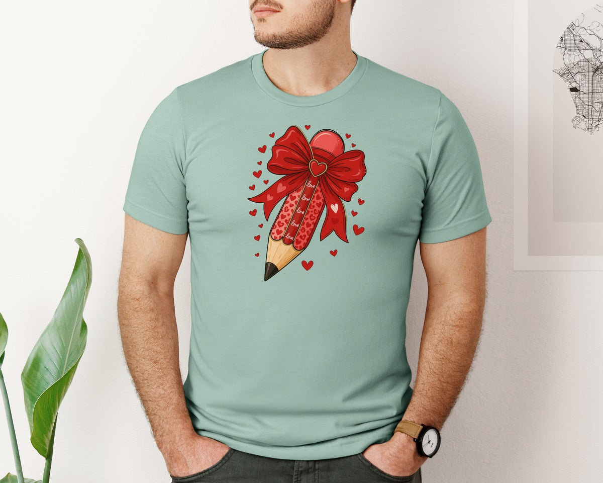 brand:Bella Canvas|color:Dusty Blue|Valentine Teacher Pencil 3 Graphic T-Shirt