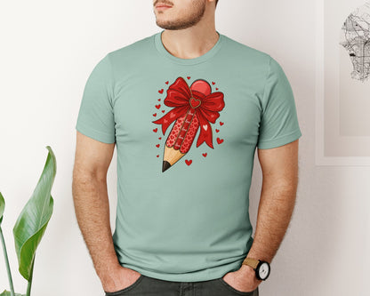 brand:Bella Canvas|color:Dusty Blue|Valentine Teacher Pencil 3 Graphic T-Shirt