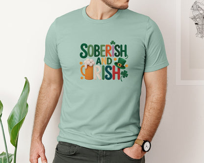 brand:Bella Canvas|color:Dusty Blue|Faux Yarn Soberish And Irish Beer Graphic T-Shirt