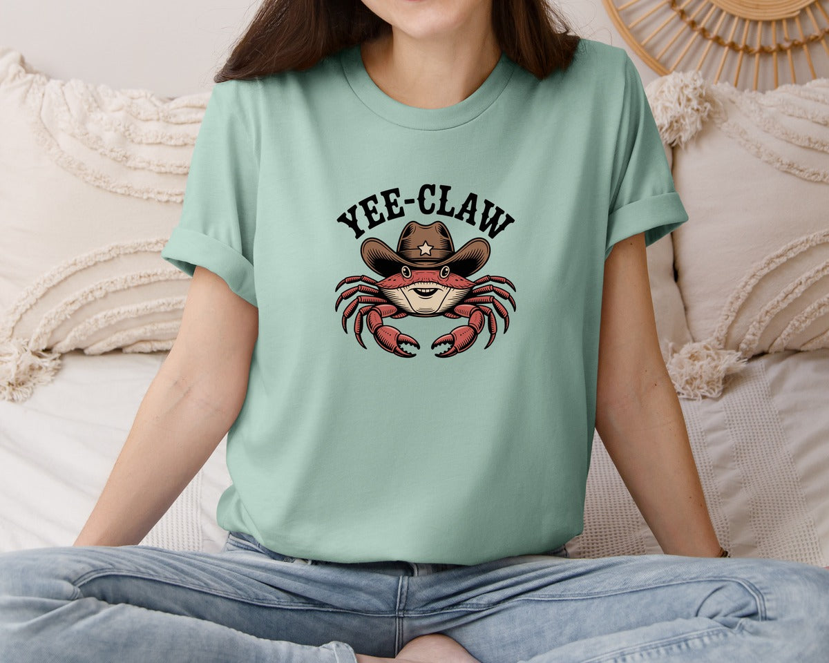 brand:Bella Canvas|color:Dusty Blue|Yee Claw Crab Funny Cowboy Crab Graphic T-Shirt