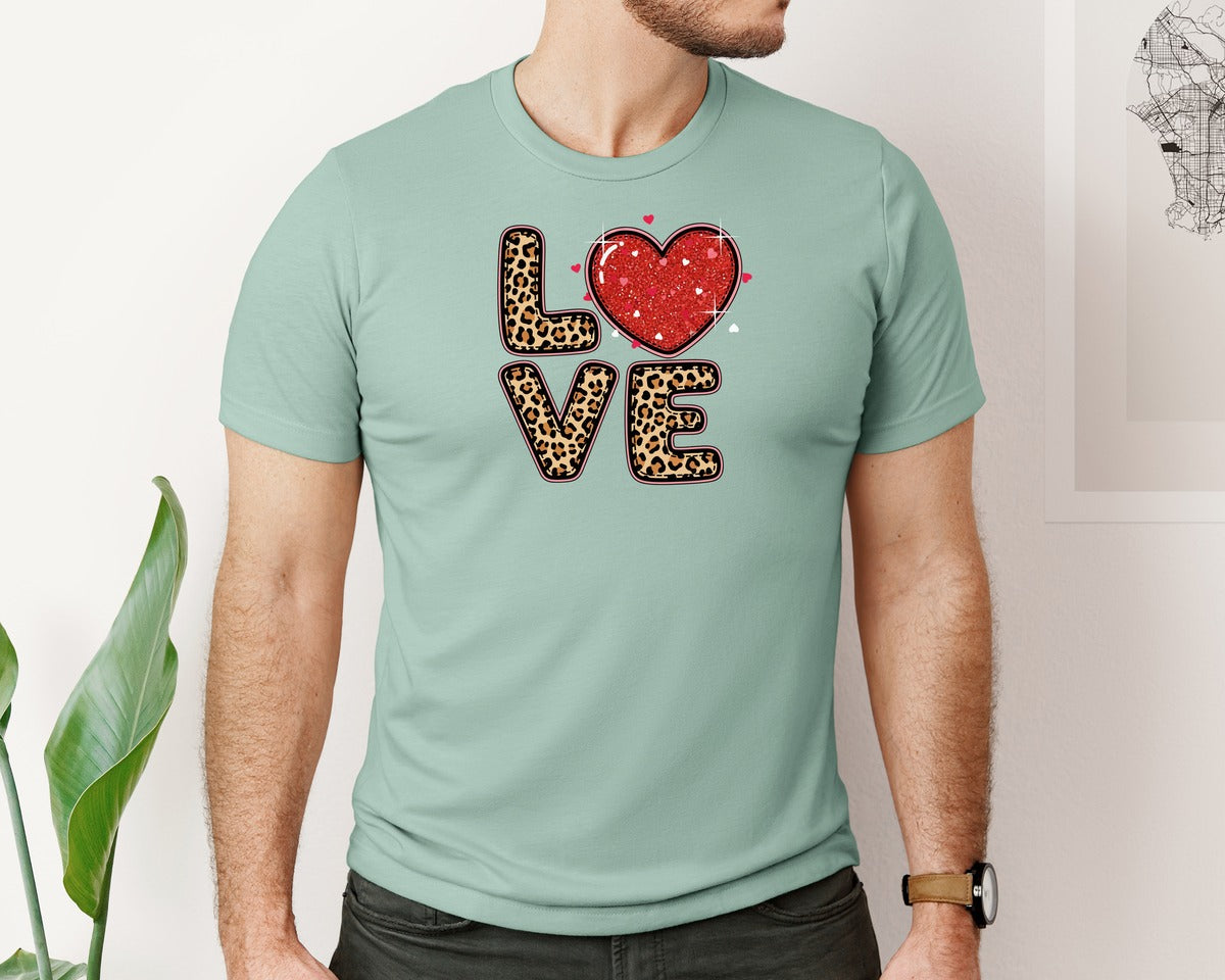 brand:Bella Canvas|color:Dusty Blue|Leopard Love Heart Valentines Day Graphic T-Shirt