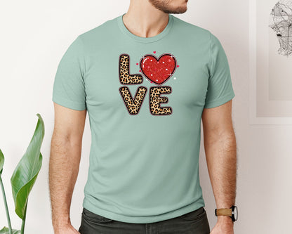 brand:Bella Canvas|color:Dusty Blue|Leopard Love Heart Valentines Day Graphic T-Shirt