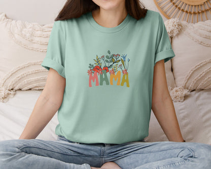 brand:Bella Canvas|color:Dusty Blue|Mama Shirt Wildflowers Mama Shirt Graphic T-Shirt