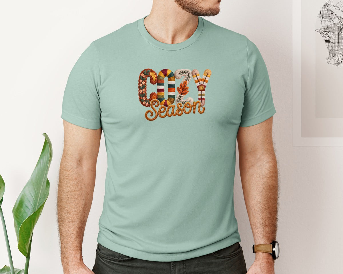 brand:Bella Canvas|color:Dusty Blue|Preppy Cozy Season Faux Yarn Thankful Graphic T-Shirt