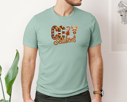 brand:Bella Canvas|color:Dusty Blue|Preppy Cozy Season Faux Yarn Thankful Graphic T-Shirt